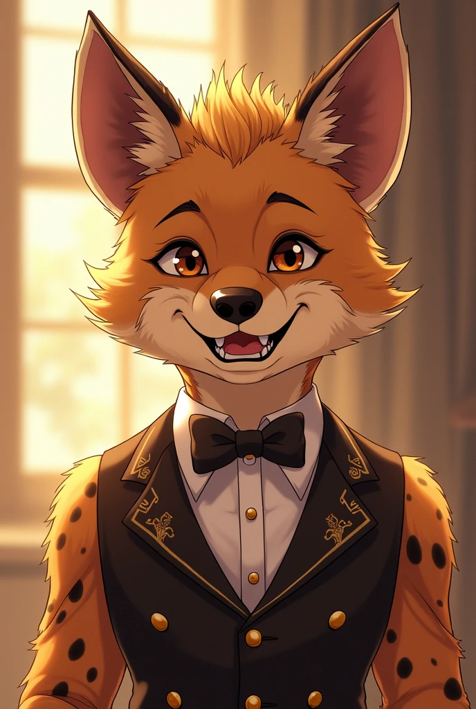 Anime-style masterpiece, male anthropomorphic hyena gentleman, captivating headbust featuring plush character design, elegantly groomed fur with rich tawny and black spots, smooth contours of the face framed by soft, flowing hair, bright amber eyes radiating warmth and charisma, wide, friendly grin playful fangs, attire consisting of a stylishly tailored vest adorned with intricate patterns reminiscent of Victorian elegance, crisp white collar peeking from beneath, accented with a charming bowtie adding a touch of whimsy, background lightly blurred to maintain focus on the gentleman hyena, warm and inviting color palette of sunny browns and rich golds enhancing the character’s lively persona, high-contrast shading to create depth, delicate highlights that define the soft texture of fur, energetic vibrancy typical of anime art style, composition centered around the hyena's expressive features, exuding a blend of sophistication and playful charm, digital illustration executed with smooth line work and vibrant color transitions, blending traditional and modern anime techniques seamlessly, creating an engaging presence that invites viewers into a whimsical world of anthropomorphic elegance, designed for a high-resolution visual impact