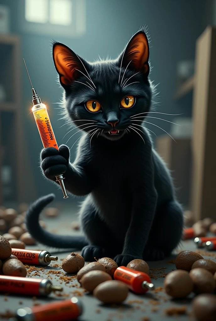 a cat with a medical syringe, explosives , bombi , Nuts , black fur