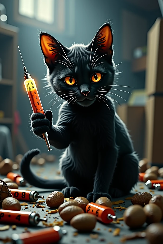 a cat with a medical syringe, explosives , bombi , Nuts , black fur