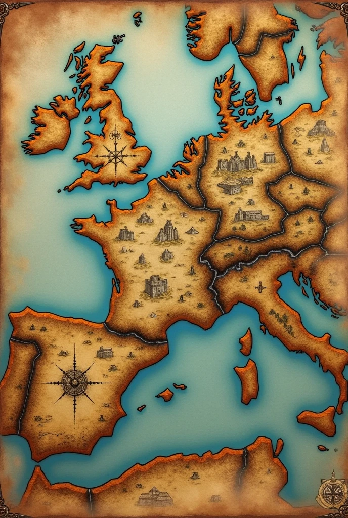 Medieval map similar to Europe with minimal fantasy like a papyrus 