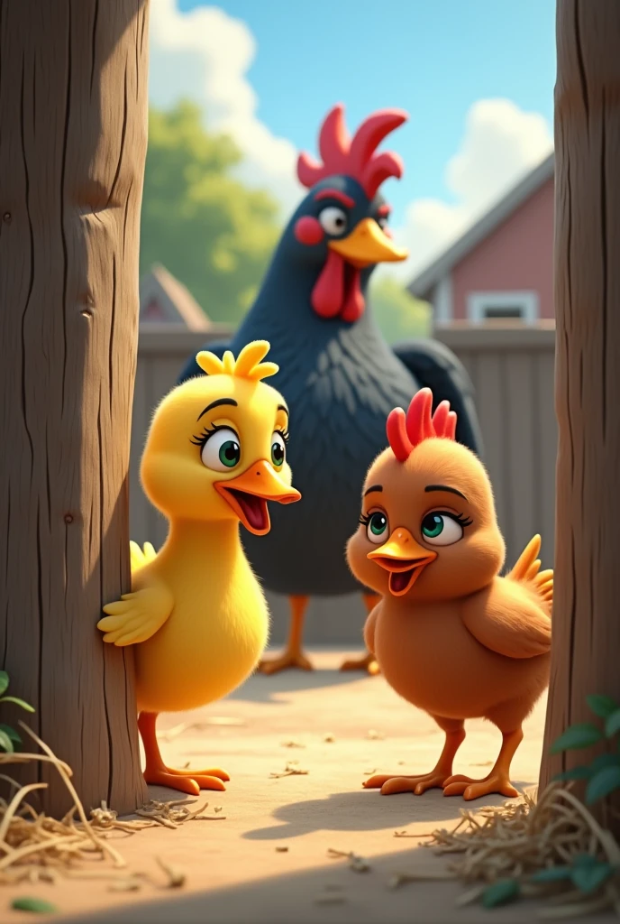 Generate me an image of a yellow duck and a brown hen spying on the big one