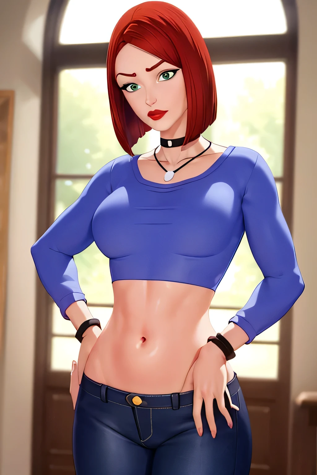 straight-on,pose,looking at viewer,solo, BREAK,
CARTOON_merry_jane_watson_SMTAS_ownwaifu, www.ownwaifu.com, 3d, 
red hair, short hair, green eyes, breasts, makeup, lipstick, red lips, bob cut, lips, choker, jewelry, necklace, black choker, blue shirt, crop top, long sleeves, black_pants, jeans, denim, wristband, super fine illustration, vibrant colors, masterpiece, sharp focus, best quality, depth of field, cinematic lighting, ultra detailed, belly, belly button, bellybutton, navel, tummy, hips, annoyed, pouting, indoors, looking down, hand on stomach, 