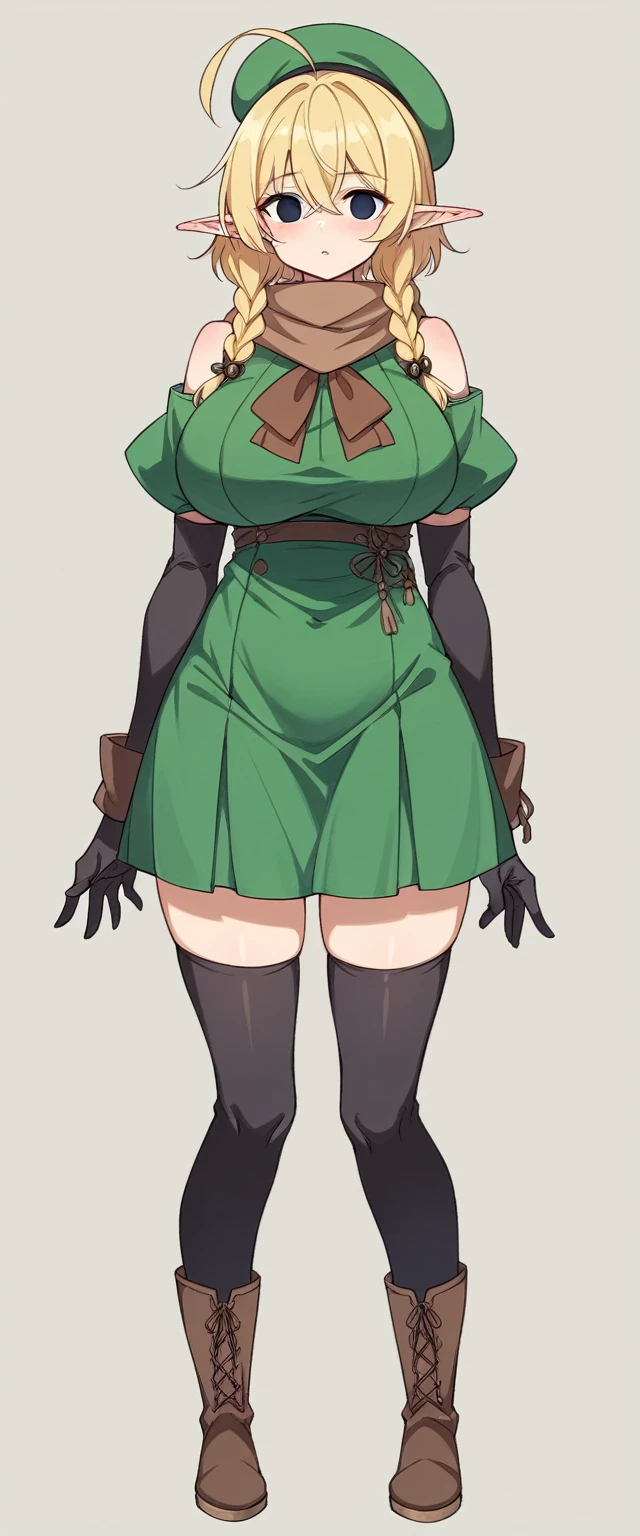 Elf、1 female、women only、short hair、twin braids、ahoge、blonde、(thin)、Big Breasts、Tall、empty eyes、black eye、Black elbow gloves、((black thigh highs))、Small black beret、Brown scarf、Green dress、Brown boots、(full body)、whole body、Are standing、thin太もも、shoulder、belly button、isekai、fantasy、front、Character portrait