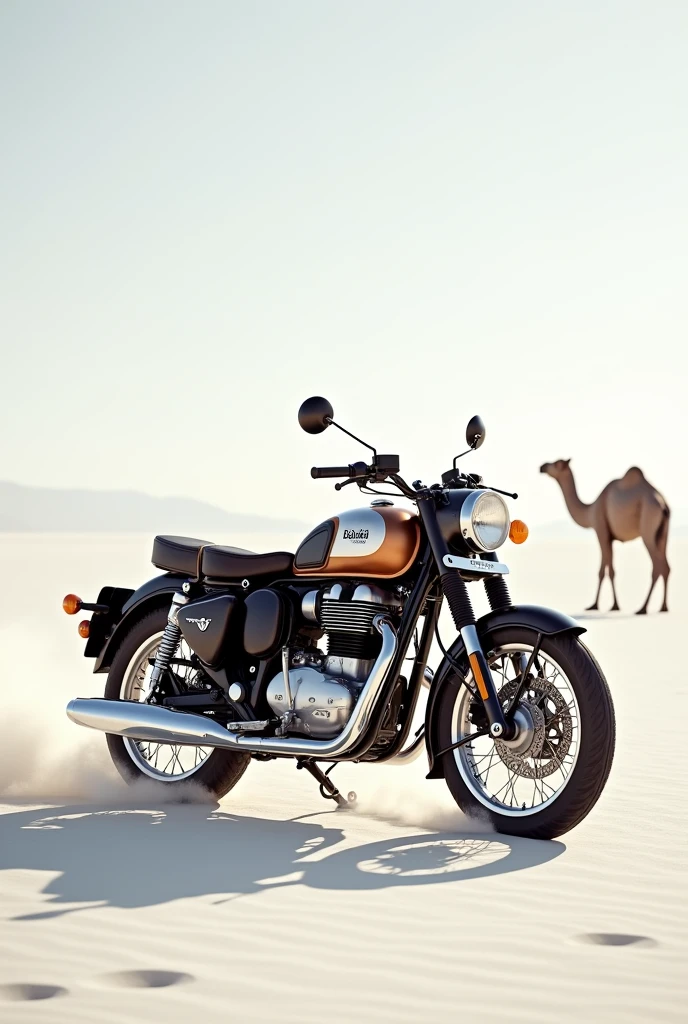 A royal Enfield bullet standart standing at white dessert with camels surrounded