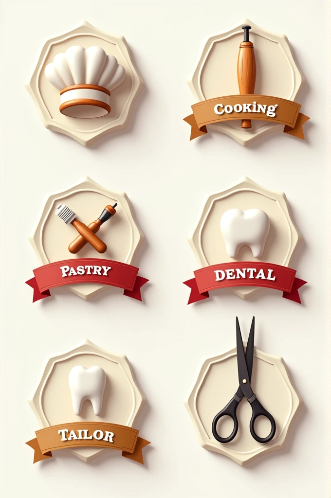 hello can you please draw 6 different badges for cooking, pastry, dental, tailoring and hairdressing