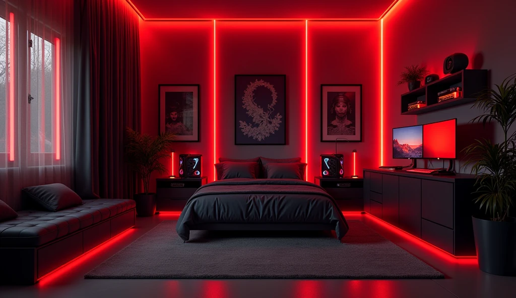 professional gamer bedroom with red and dark gray color theme, ultra HD, realist 4k