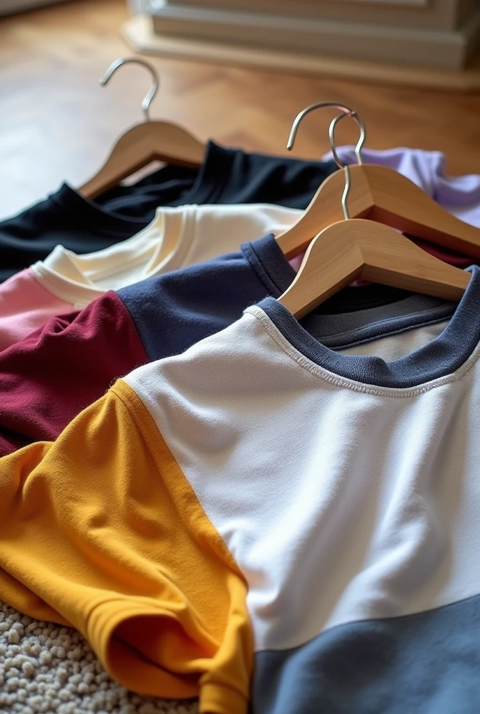 a close up of a white, black, cream, corn yellow, red, maroon, navy blue, baby pink, lavender, coffe, off white t-shirt and a wooden hanger on a carpet, on nice flooring background.