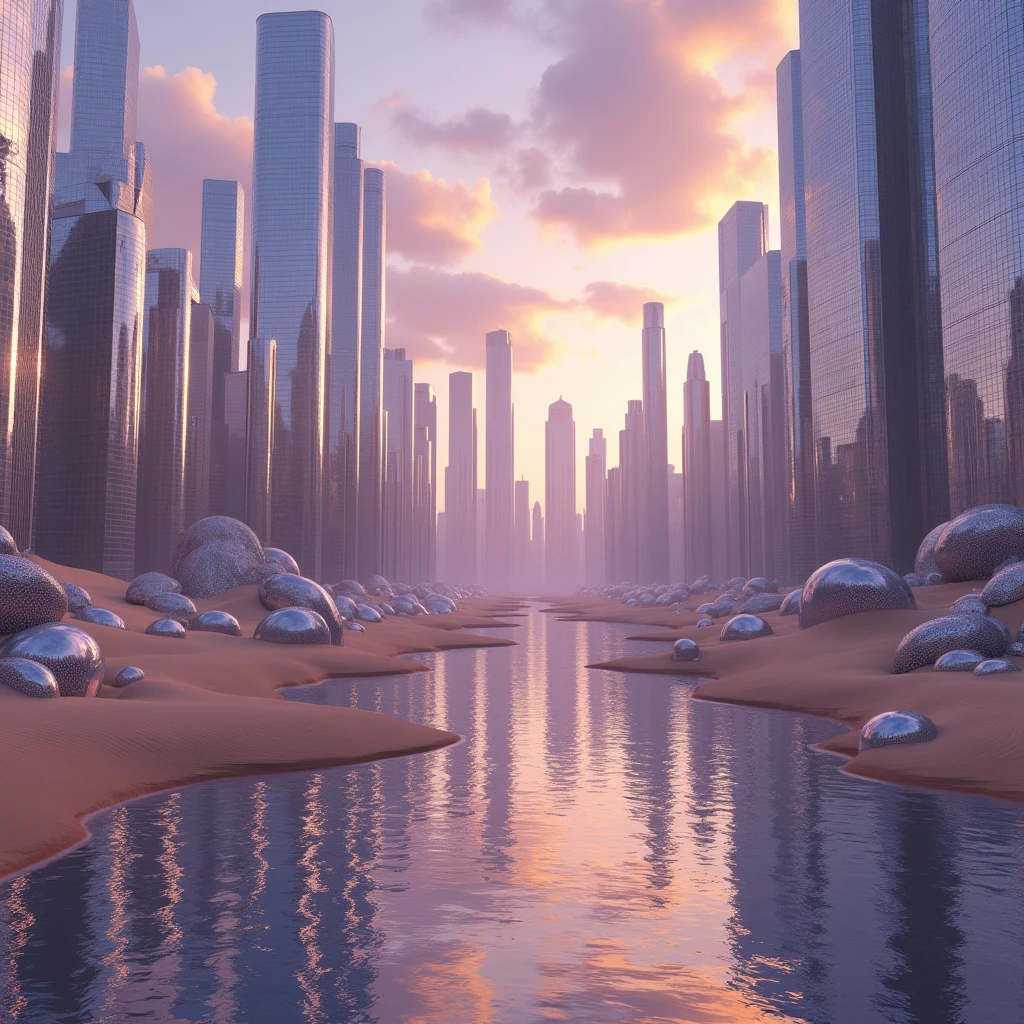A sprawling city made entirely of mirrors rises out of a barren desert. The buildings reflect the endless sand dunes, creating an illusion of infinite space. Strange, abstract sculptures twist and rise between the mirrored skyscrapers, defying the laws of physics. The sky above is a gradient of purple and orange, with clouds that take on surreal shapes, like giant hands or melting clocks. The city appears both real and an illusion, as if caught between dimensions.