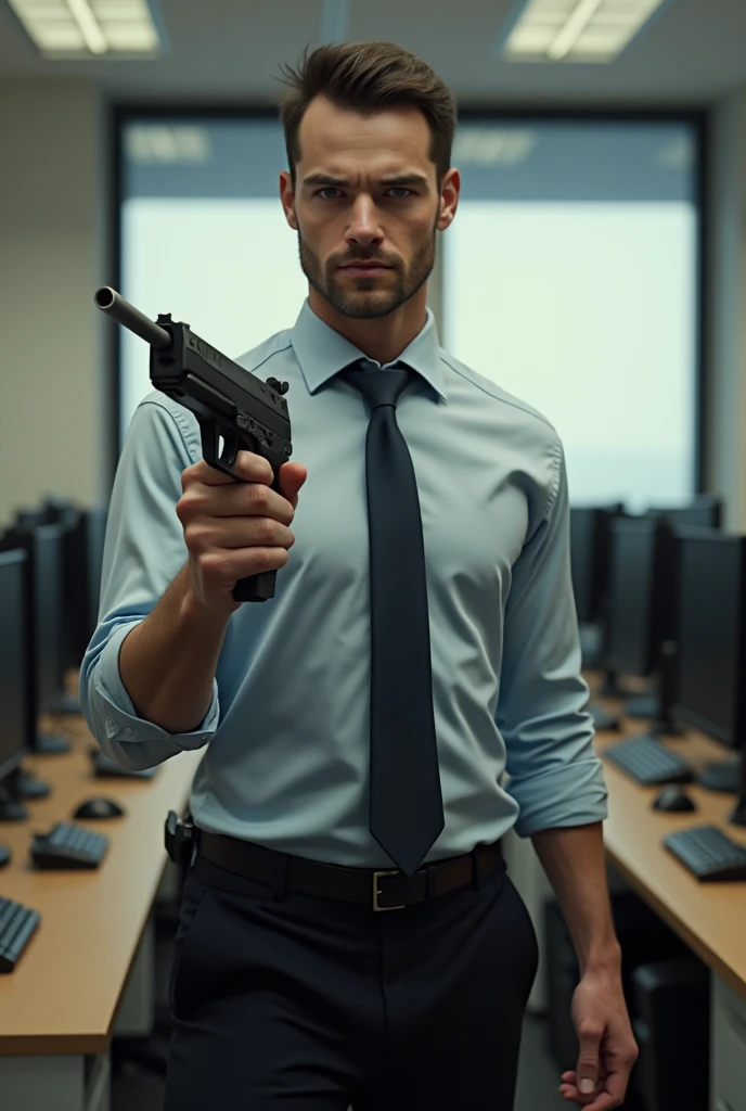 Man who is an accountant and looks similar to a person from a special police unit with a calculator as a gun