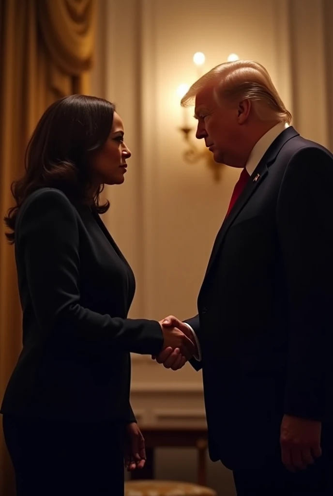 a portrait of Kamala Harris and Donald Trump shaking hands, high resolution, cinematic lighting, detailed facial features, elegant formal attire, warm color tones, photorealistic, masterpiece, intricate details, striking composition, emotional moment, powerful political leaders, historical significance, dramatic lighting, cinematic atmosphere, inspiring, (best quality, 4k,8k, highres, masterpiece:1.2), ultra-detailed, (realistic, photorealistic, photo-realistic: 1.37)