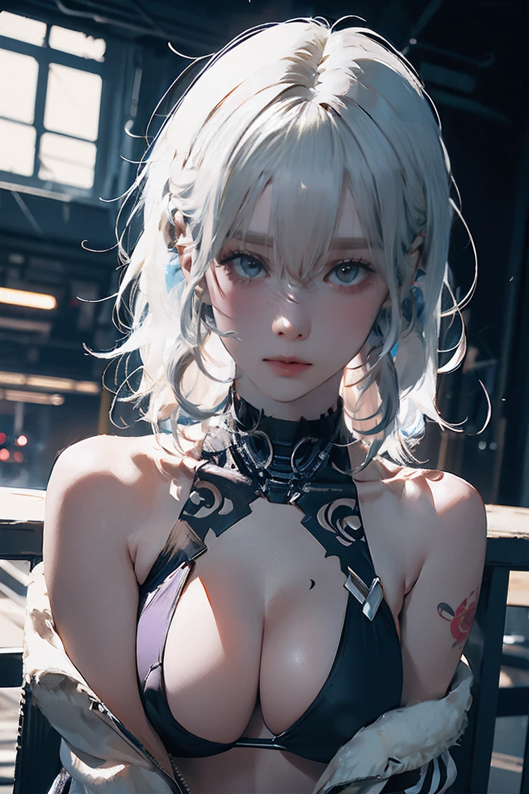 Large ,(masterpiece, Highest quality:1.2), Big Breon, alone, Close-up of a woman in a bikini and jacket posing leaning against a railing, cyber punk, cyber punkオッパイ, cyber punkアニメアート, NSFW, ((Woman with tattoo on chest)), Erect nipples, ((Swhite th bangs, Black strands of hair)), Purple eyes,. 超High resolution.Realistic. 超High resolution.Realistic:1.4,超High resolution. Realistic，High resolutionで, masterpiece, Highest quality, Very detailed, Better Shadows, Volumetric lighting), super high quality, High resolution, 8k, 超Realisticな肖像画 , Realistic, Dynamic Lighting, Volumetric lighting, Very detailed顔