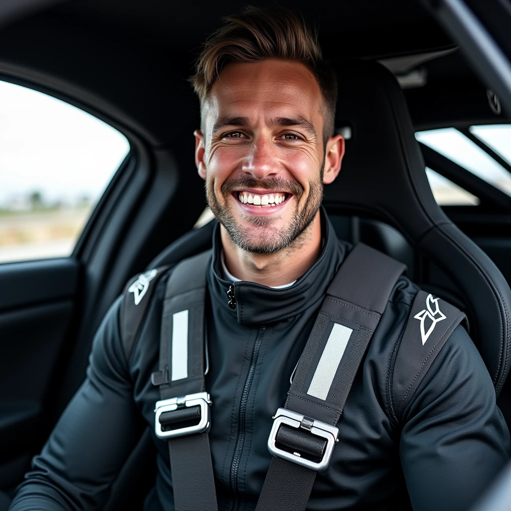 man wearing 6-point seat belt of rally racing car, show all details, show the whole body from the front and smiling. The belt buckles must be metal and the same as those in a professional car. 