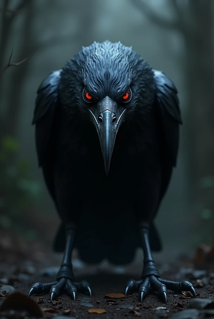 Extremely scary and creepy crow in a dark environment