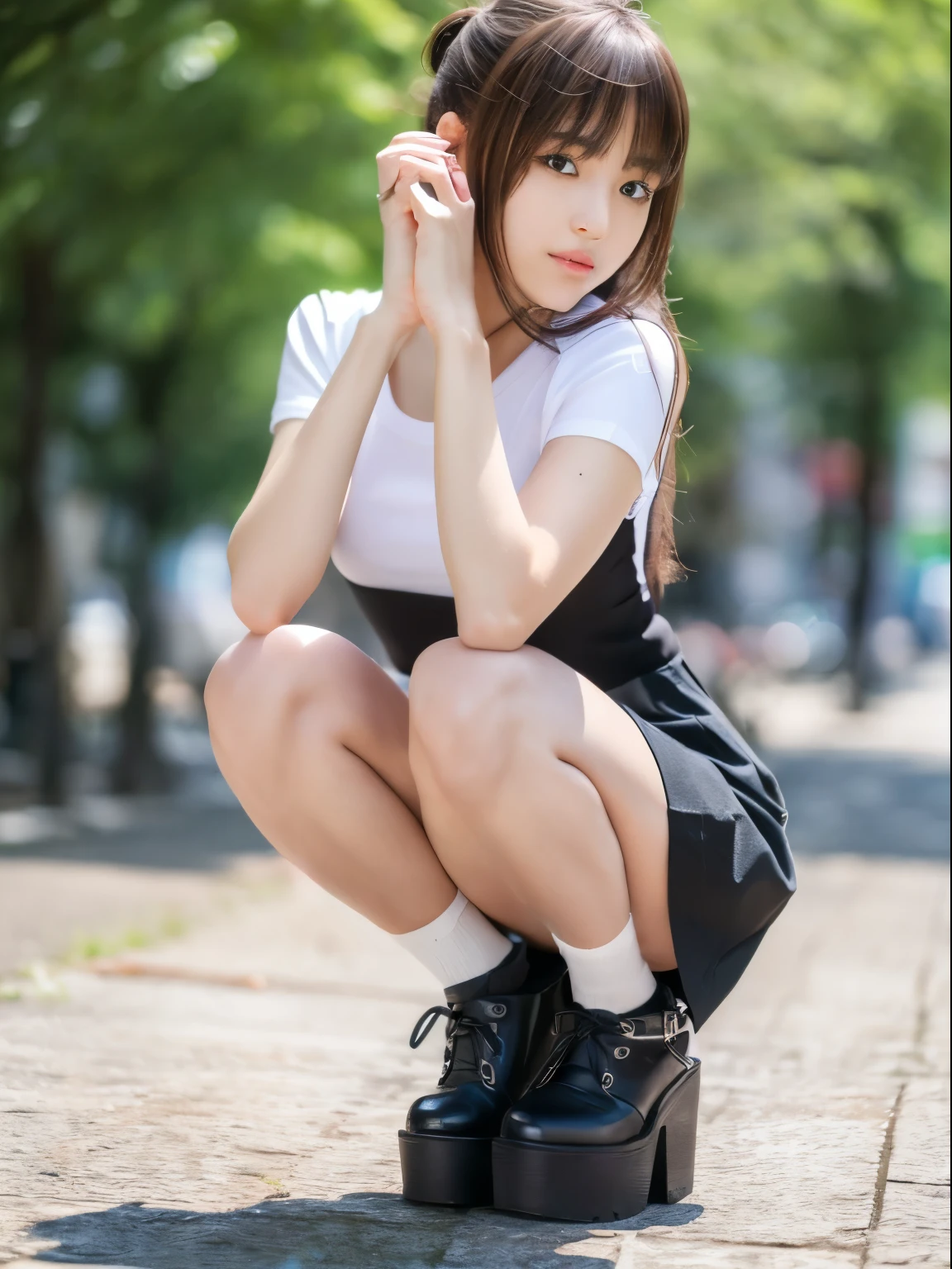 (8k, Top quality, Masterpiece:1.2), (Realistic, photo-realistic:1.37), Super detailed, perfect anatomy, cute, small eyes, 1, a Japanese, girl, mini skirt, slim legs, heels, squatting, outdoor,