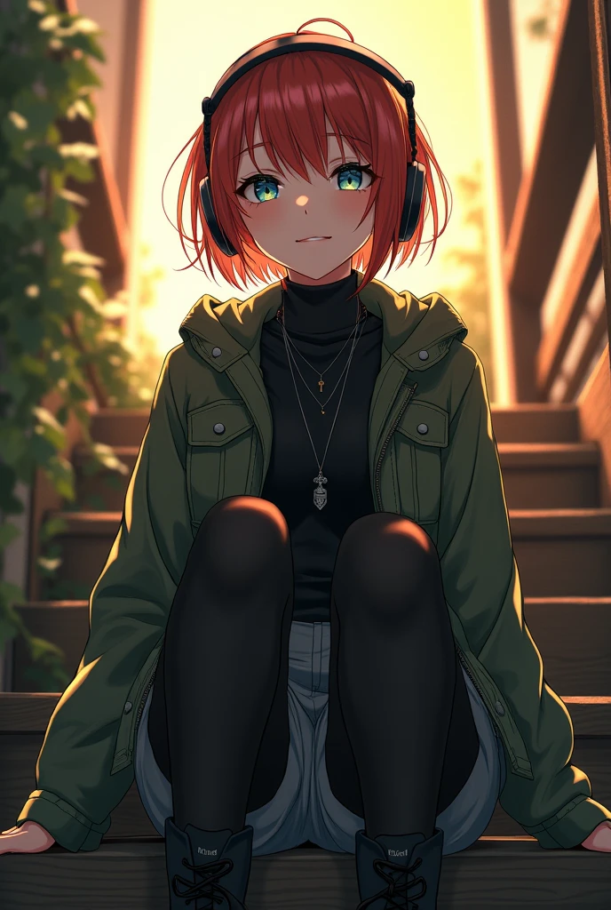Anime-style illustration of Ellie Williams, gorgeous auburn hair gracefully framing a perfect face, expressive eyes sparkling with emotion, clad in a stylish ensemble, black Dr. Martens boots complementing her black leggings, grey skirt adding a soft contrast, green M65 jacket draped over a snug black funnel-neck sweater, all elements showcasing high-quality character design, sitting casually on rustic stairs, deeply immersed in music with headphones enveloping her ears, capturing a moment of tranquil solitude, vibrant colors enhancing the richness of her attire, harmonious blending of detailed textures and shading to bring out the fabric's qualities, warm sunlight filtering through, casting gentle highlights on her features, subtle reflections in her eyes depth of character, dynamic pose conveying relaxation juxtaposed with the intensity of the character’s emotional journey, intricate details in the staircase background ensuring focus remains on Ellie while providing context, anime aesthetic portraying her in an emotional yet relatable light, evoking connection with viewers, creating a masterpiece blending style, quality, and expression through vibrant imagery and masterful design techniques