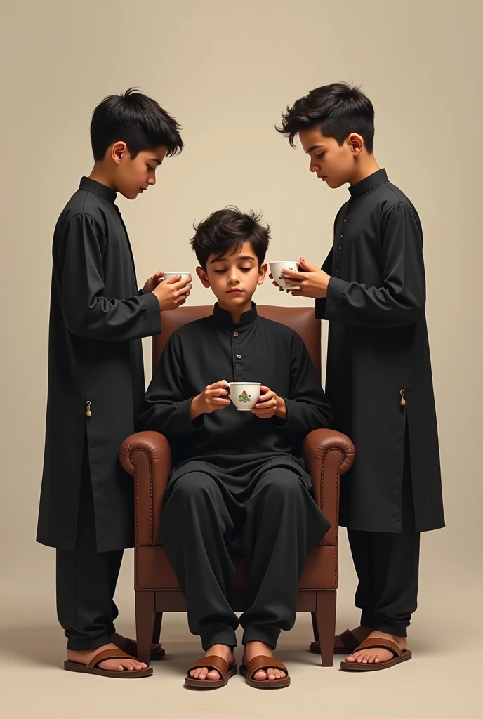 middle boy is sitting on a chair and two boys are standing. Everyone should have a cup of tea in their hands. All should wear black shalwar kameez. 