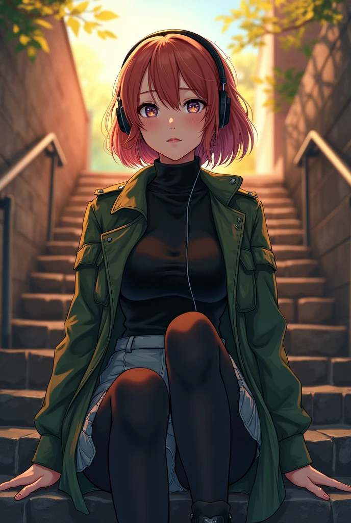 Anime-style illustration of Ellie Williams, gorgeous auburn hair gracefully framing a perfect face, expressive eyes sparkling with emotion, clad in a stylish ensemble, black Dr. Martens boots complementing her black leggings, grey skirt adding a soft contrast, green M65 jacket draped over a snug black funnel-neck sweater, all elements showcasing high-quality character design, sitting casually on rustic stairs, deeply immersed in music with headphones enveloping her ears, capturing a moment of tranquil solitude, vibrant colors enhancing the richness of her attire, harmonious blending of detailed textures and shading to bring out the fabric's qualities, warm sunlight filtering through, casting gentle highlights on her features, subtle reflections in her eyes  depth of character, dynamic pose conveying relaxation juxtaposed with the intensity of the character’s emotional journey, intricate details in the staircase background ensuring focus remains on Ellie while providing context, anime aesthetic portraying her in an emotional yet relatable light, evoking connection with viewers, creating a masterpiece blending style, quality, and expression through vibrant imagery and masterful design techniques