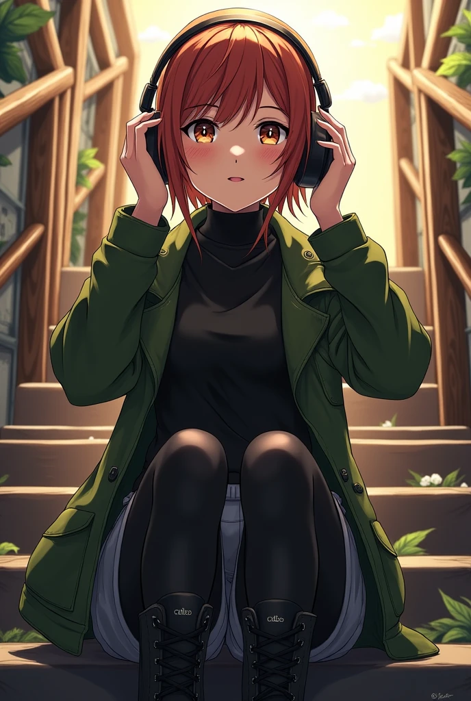 Anime-style illustration of Ellie Williams, gorgeous auburn hair gracefully framing a perfect face, expressive eyes sparkling with emotion, clad in a stylish ensemble, black Dr. Martens boots complementing her black leggings, grey skirt adding a soft contrast, green M65 jacket draped over a snug black funnel-neck sweater, all elements showcasing high-quality character design, sitting casually on rustic stairs, deeply immersed in music with headphones enveloping her ears, capturing a moment of tranquil solitude, vibrant colors enhancing the richness of her attire, harmonious blending of detailed textures and shading to bring out the fabric's qualities, warm sunlight filtering through, casting gentle highlights on her features, subtle reflections in her eyes  depth of character, dynamic pose conveying relaxation juxtaposed with the intensity of the character’s emotional journey, intricate details in the staircase background ensuring focus remains on Ellie while providing context, anime aesthetic portraying her in an emotional yet relatable light, evoking connection with viewers, creating a masterpiece blending style, quality, and expression through vibrant imagery and masterful design techniques