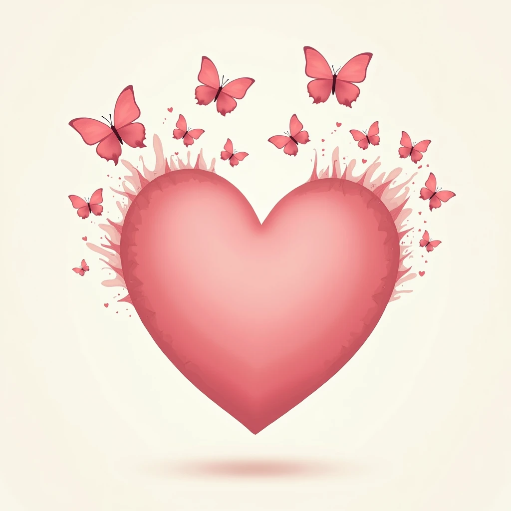 High resolution, masterpiece, detail, 高いdetail, A minimalist with a butterfly heart, Illustration, Decorative art, I see the heart、The edges of the heart turn into butterflies and crumble.、colorful、Butterfly、pink、