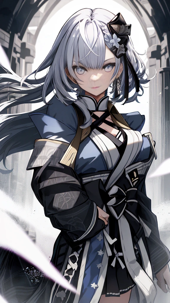 Japanese Katana Sword、Samurai sword、Full body、White one-piece military uniform、 Jet black head of hair,(masutepiece:1.2, Best Quality), (finely detailed beautiful eye: 1.2), (Detailed background,Dark Fantasy), (beautifull detailed face), High contrast, (Best Illumination, extremely delicate and beautiful), ((Cinematic Light)), Colorful, Hyper Detail, Dramatic light, Intricate details,Very blue eyes, Shining eyes, long hair flowing with the wind、large full breasts、Belt under the chest、White military uniform, White skirt, large full breasts, Long hair fluttering in the wind,, Her eyes are a bright blue, Black tie, Belt under the chest, gotik、Long hair with blue inner、White long-sleeved military uniform、Suit and sword