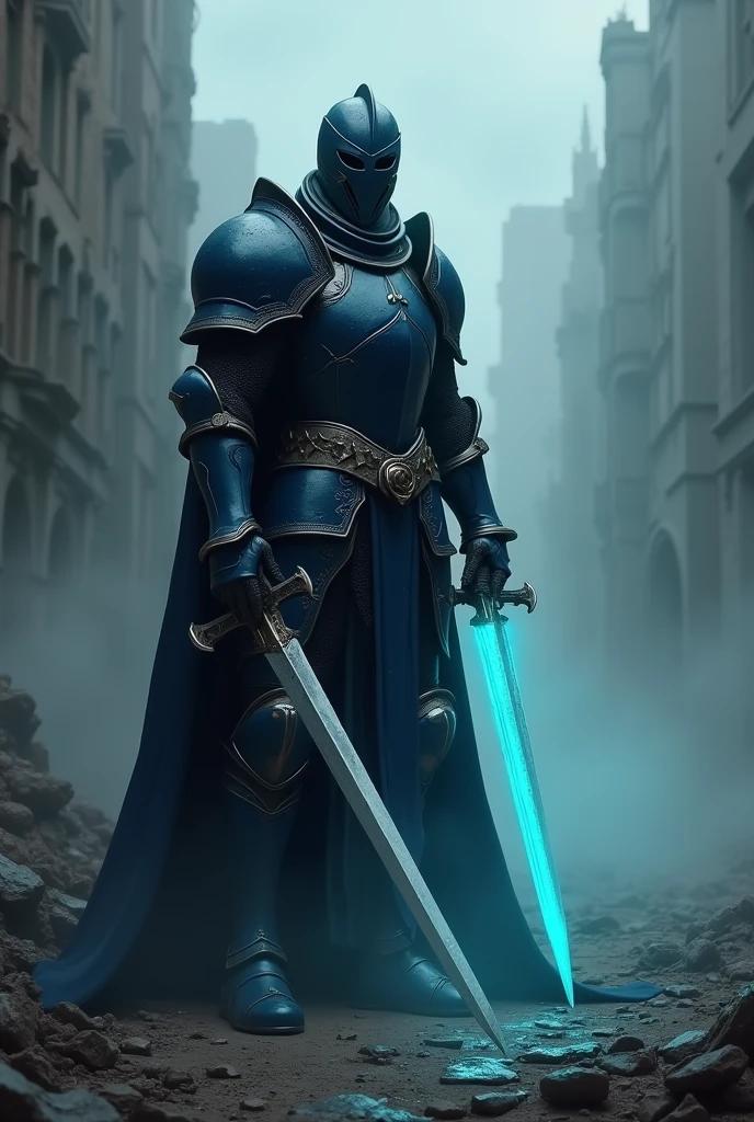 A hero, Masked Knight, Medium Armor form theme, black and blue colored, with two handed sword in his side dip on the ground with cyan light, standing in the ruin city with dark mist