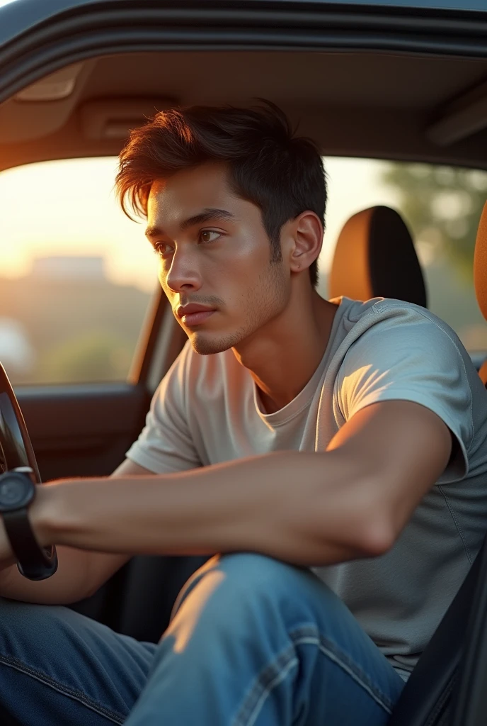 Young man sitting in the car