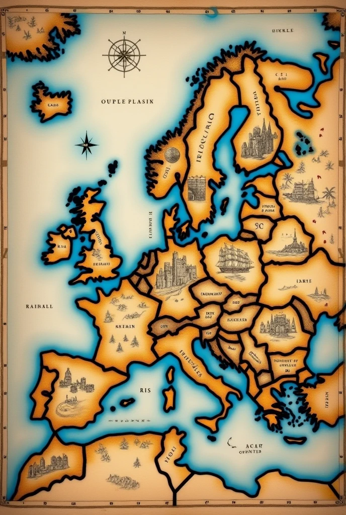 Medieval map similar to Europe with minimal fantasy like a papyrus with period drawings