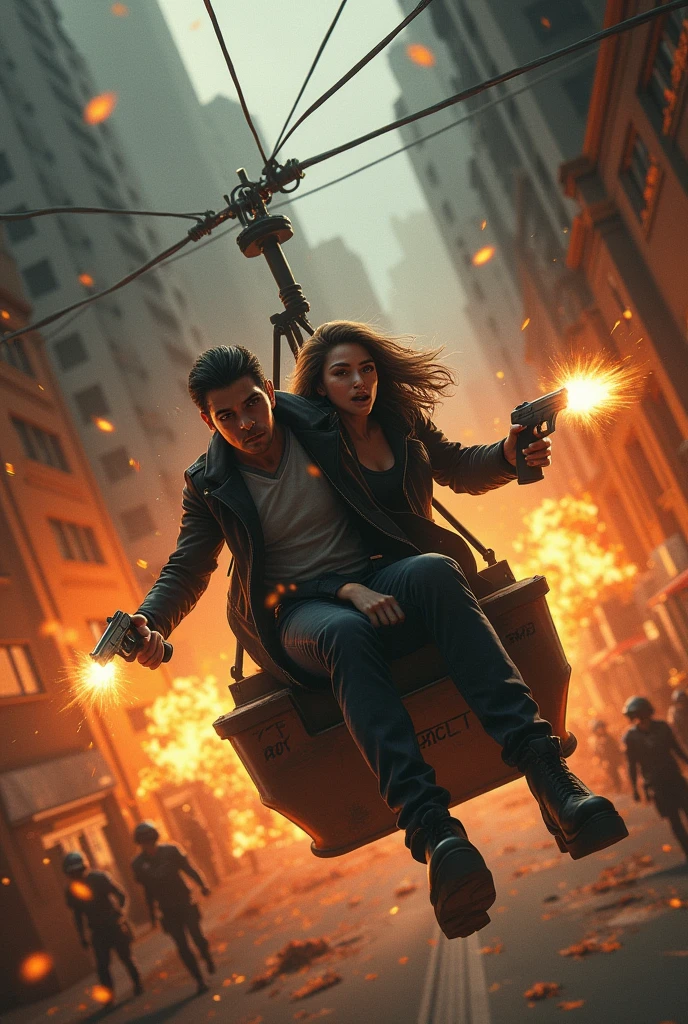 gunfire, fire, pulley car, natta, woman and man together, danger sena, police officers