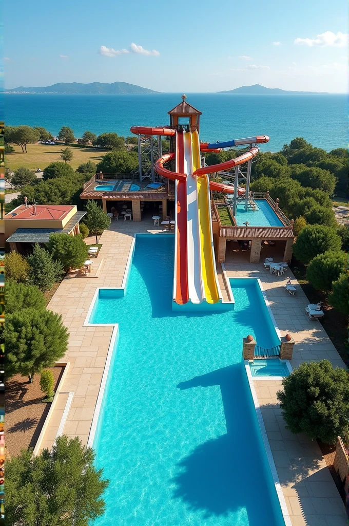 an Aqua Park with a luge or slide ,wave pool, large swimming pool, slow river, water-related games, and a themed restaurant with parking
in a plot of 11430m² near the sea and first position of a road all in one picture