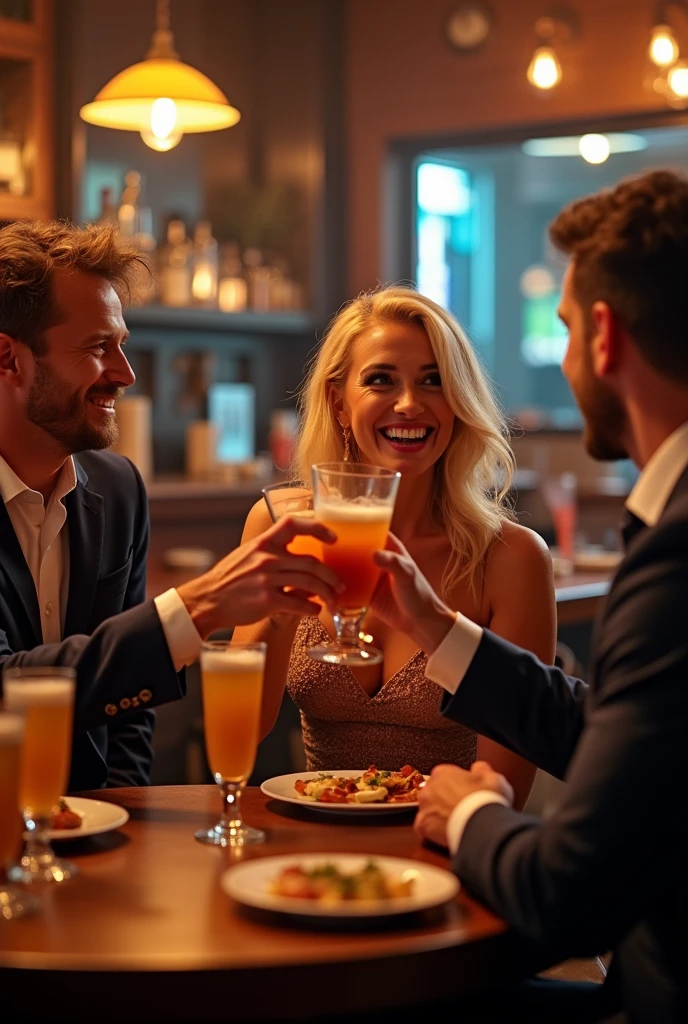 photo of blonde woman, celebrating in a bar with 2 friends