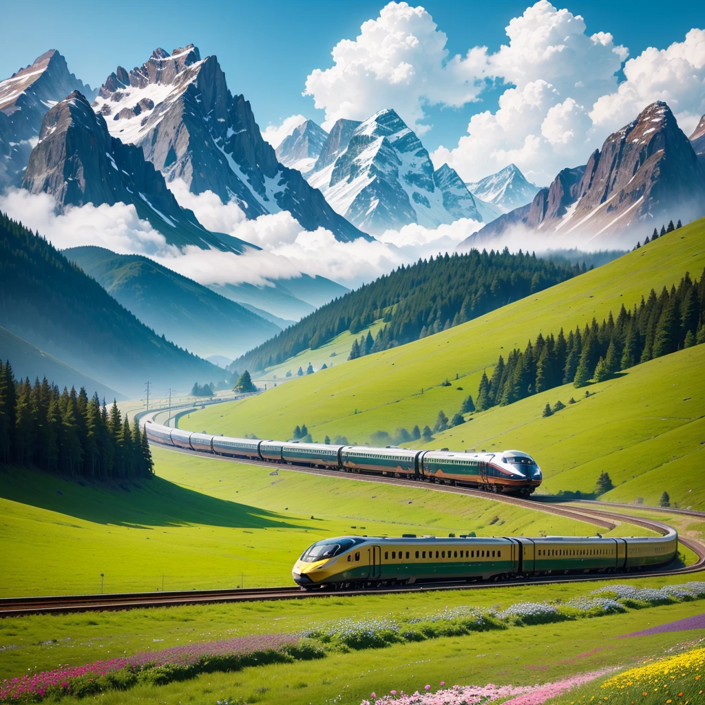 A bullet train,a distant mountain,mist,a vast meadow,train passing through the meadows,lots of colorful flowers,detailed,defined,Green big trees,birds,electric pole,closeup,4k,uhd