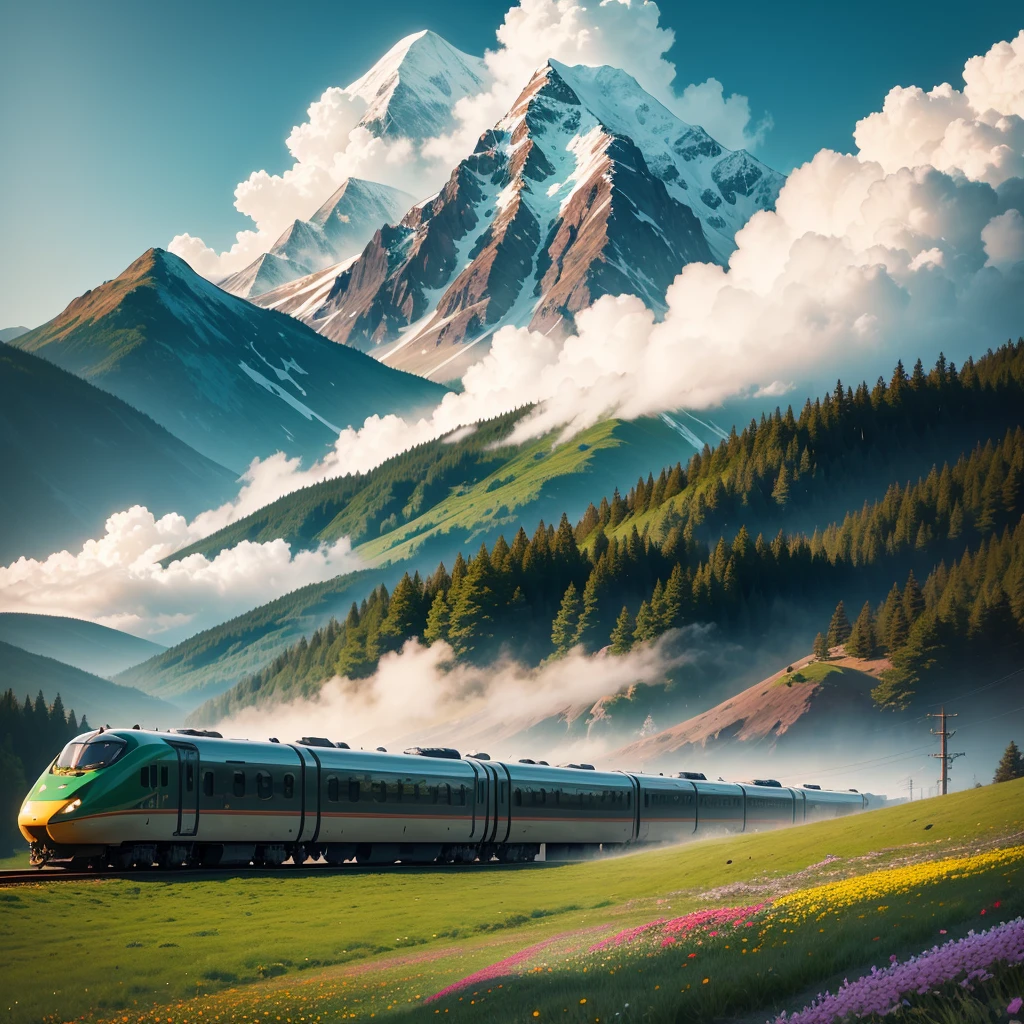 A bullet train,a distant mountain,mist,a vast meadow,train passing through the meadows,lots of colorful flowers,detailed,defined,Green big trees,birds,electric pole,closeup,4k,uhd