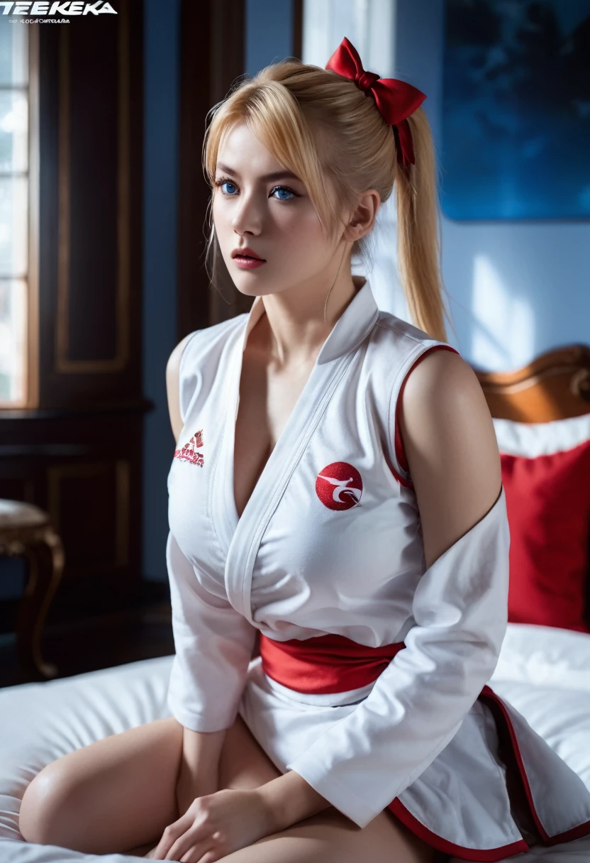 masterpiece, ultra high quality CG, best quality, perfect picture, solo, lidia sobieska (tekken, blonde hair with high ponytail, blue eyes, red hairbow, strong), wearing a sexy karate outfit, sitting on the bed, looking sideways, blushing, shoulders showing, in a European mansion