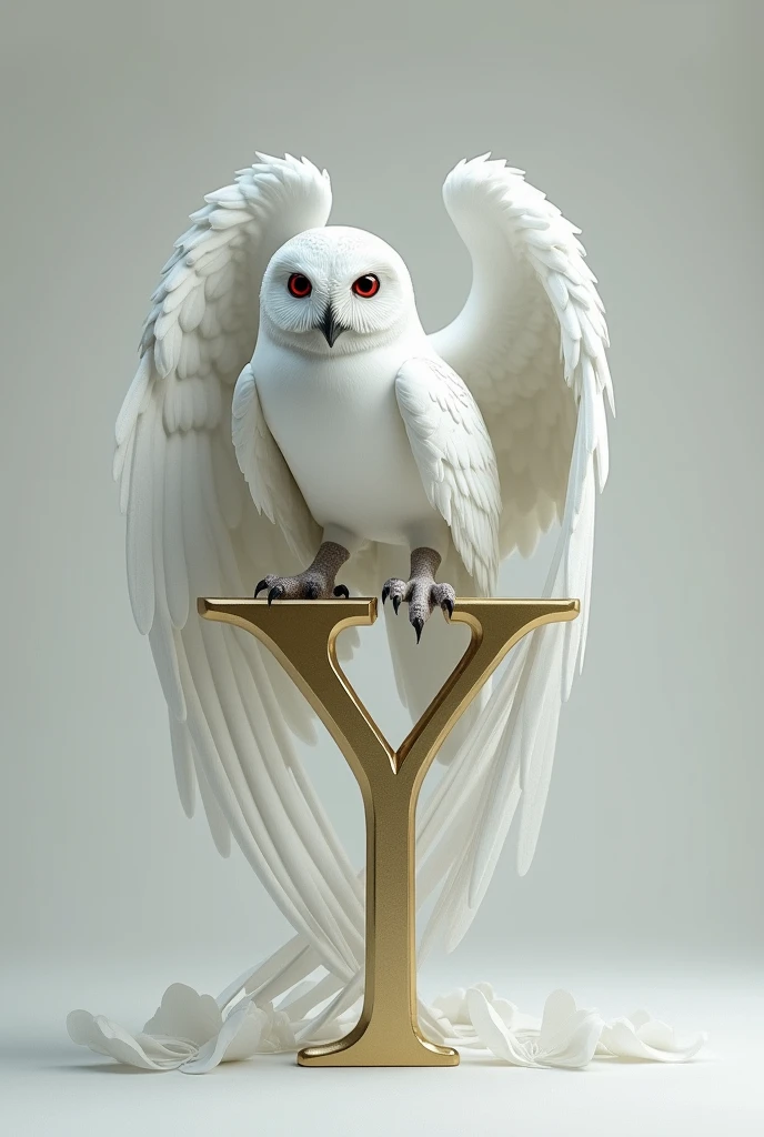 A white owl with red eyes on top of the letter Y and the number 7 with its wings spread