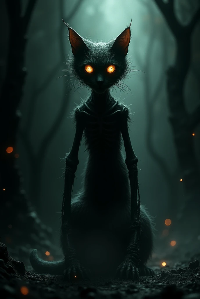 Extremely scary and creepy cat in a dark environment