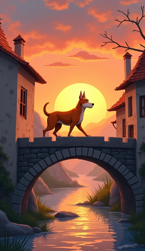 The dog walks away slowly on bridge, looking sad and thoughtful, with the sun setting behind him.
The dog is orange and should not be fat or child.
Show as cartoons