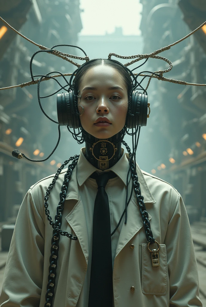 A humanoid half men half cyborg , with compocated rope system in his headchained to a machine that controls him, symbolizing how, without Catharsis, The scientist becomes a "technocratic slave" or in one "mere trader." Sad destopian futuristic scene