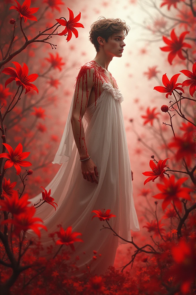 Create a sky full of red spider lilies,There is a young man in white in the middle,There is blood all over the body,Fairy air