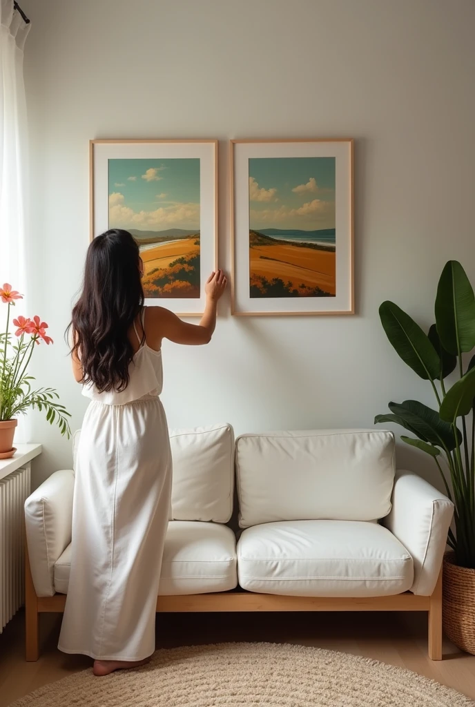 A Brazilian woman with her back turned aligning two paintings measuring 60 cm by 80 cm on the wall above the white sofa, small apartment room, well lit and with flowers and carpet

