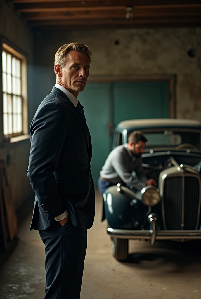 Blonde tall, man, middle age, shaved, elegant suit, standing in old garage, watching young brunette, tall man with short beard, which is repairing classic car engine