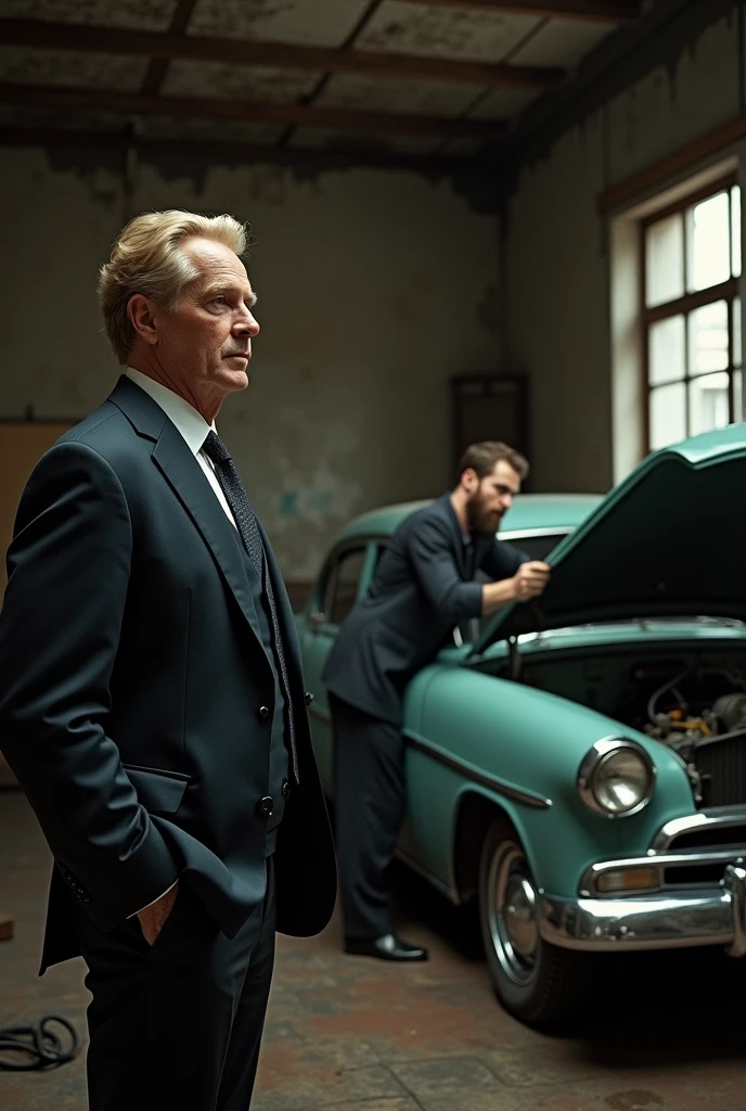 Blonde tall, man, middle age, shaved, elegant suit, standing in old garage, watching young brunette, tall man with short beard, which is repairing classic car engine