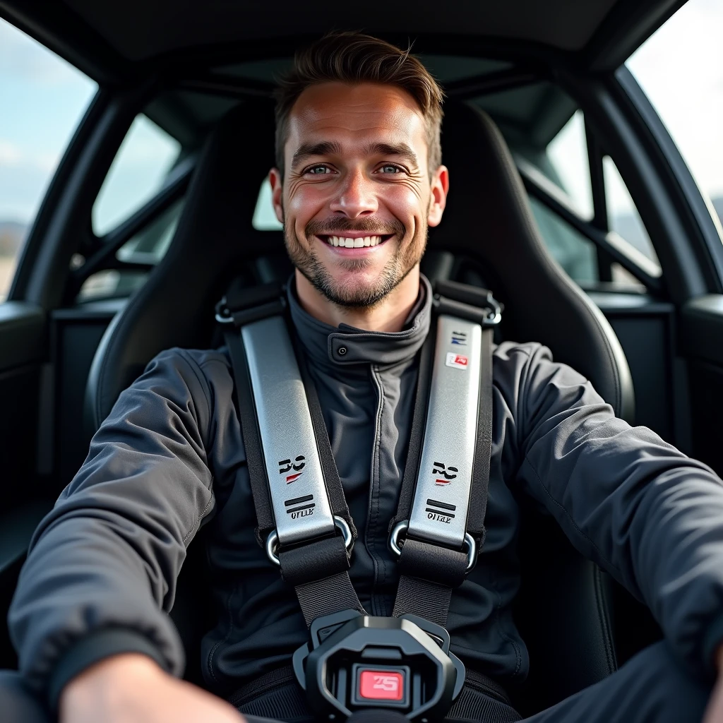 man wearing 6-point seat belt of rally racing car, show all details, The belt buckles must be metal and the same as those of a professional car and show the entire body from the front and smiling..
