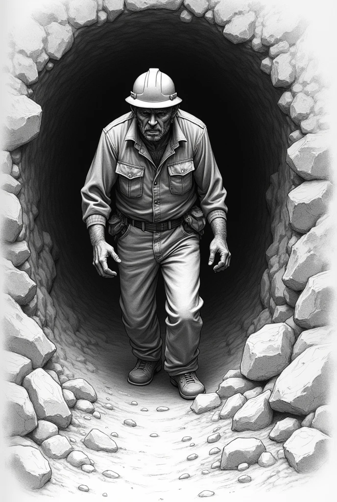 This is a pencil drawing style comic of an exhausted miner leaving the mine, covered in dust.