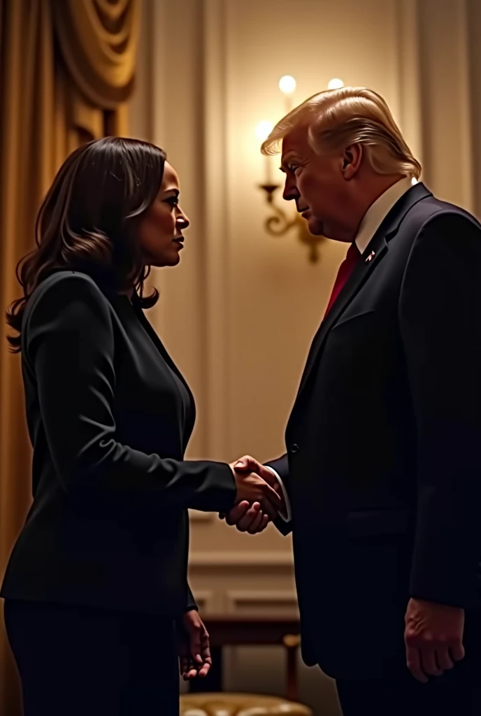 a portrait of Kamala Harris and Donald Trump shaking hands, high resolution, cinematic lighting, detailed facial features, elegant formal attire, warm color tones, photorealistic, masterpiece, intricate details, striking composition, emotional moment, powerful political leaders, historical significance, dramatic lighting, cinematic atmosphere, inspiring, (best quality, 4k,8k, highres, masterpiece:1.2), ultra-detailed, (realistic, photorealistic, photo-realistic: 1.37)