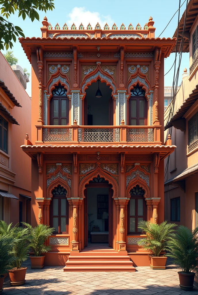 Draw an Indo-Islamic common house 
In claret 
Add a touch of begali art