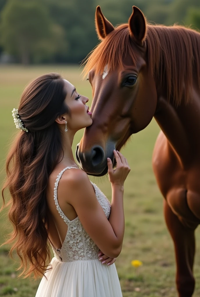 A woman in a wedding dress is licking a horse's genitals.