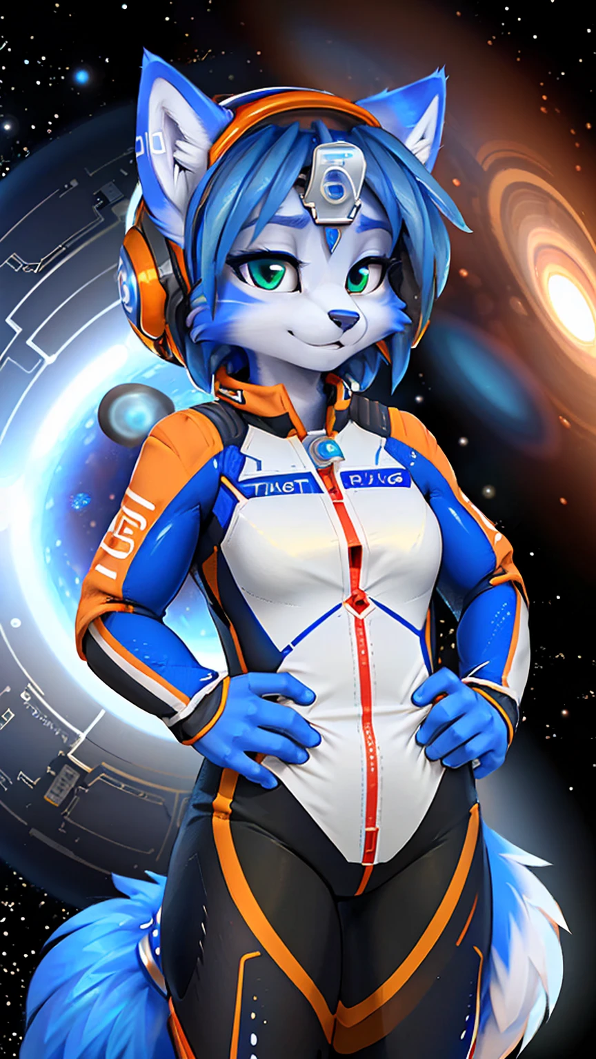 A beautiful and detailed (sweet picture) wa ((krystal)), Star Fox krystal, sslim, lovable, green eyes, medium breasts, (((Long blue hair 1.3))), Decollete, anthro, furry, Uploaded E621, detailed fluffy fur, (wa Fluff-Kevlar, Bayard Wu, Pino Daeni), detailed face, (fluffy), 1 girl, alone, sweet girl, (((hole body))), (((trägt einen spacesuit:1.3))), floats through space, galaxy, spacesuit, (((helmet with ears)))