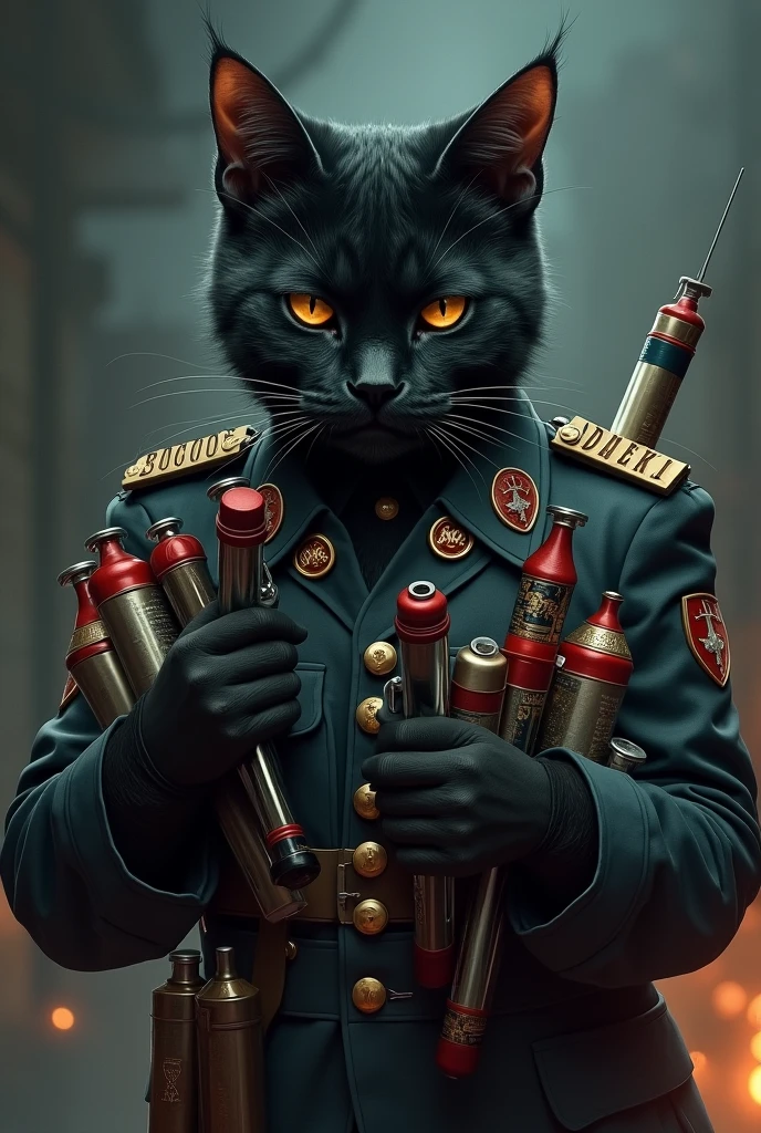 a cat with a medical syringe, explosives , bombi , 's uniform, black fur