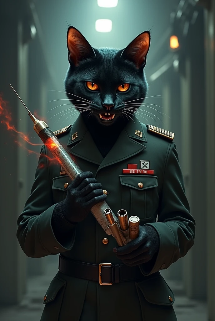 a cat with a medical syringe, explosives , bombi , 's uniform, black fur