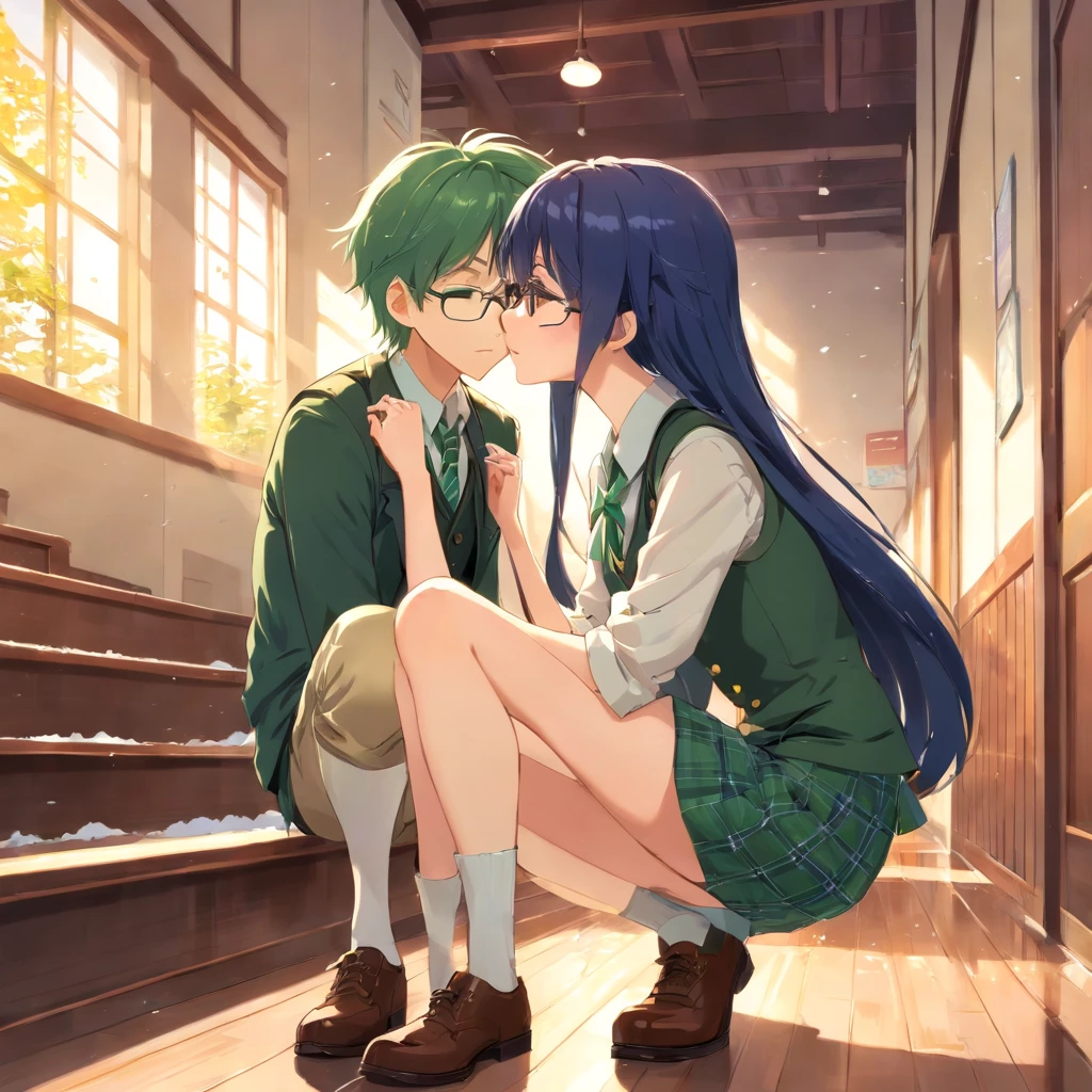 Anime style image of a girl, she is 168 cm tall, her measurements: B 60, W 30, H 79, long albino hair, her eyes are closed, she has an embarrassed expression, she wears a white shirt, green bow, cream vest with three crossed buttons , pleated skirt with green plaid, black leggings and brown leather shoes, she gives a kiss on the cheek to an 1 boy, she is 172 cm tall, dark blue hair, tanzanite eyes, blushing expression, she wears a shirt white, cream vest with three double-breasted buttons, green tie, green checkered pants and brown leather shoes, in the hallways, near a staircase, second floor, white school, wooden floor, the glasses of the glasses are reflected in the windows Trees covered in little snow in the afternoon.